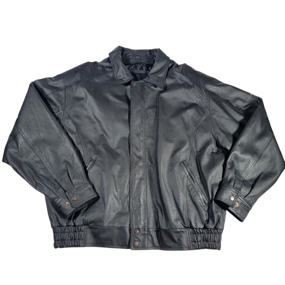 Serge Platini Leather Jacket Men XL Black Full Zip Snap Front Bomber Style Lined